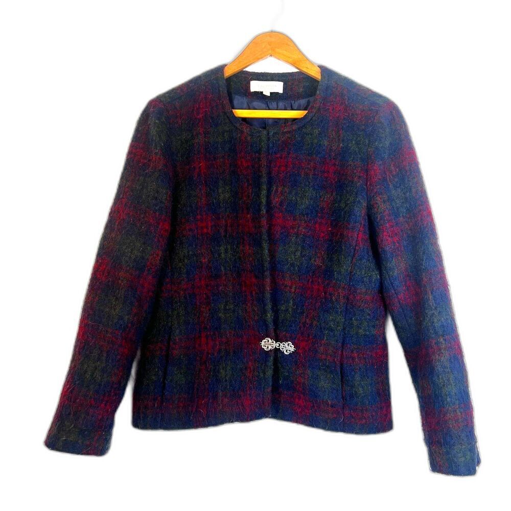 Talbots Plaid Wool Blend Blazer Lined Classic Tartan Filigree‎ Clasp Size 16P